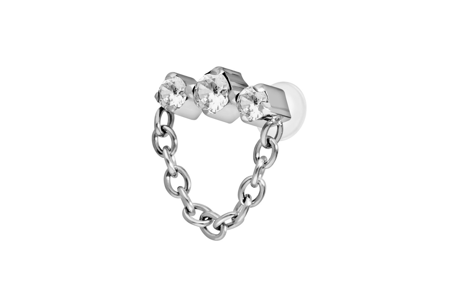 PTFE Labret Piercing mit Innengewinde + Titan-Aufsatz 3 EINGEFASSTE KRISTALLE + KETTE